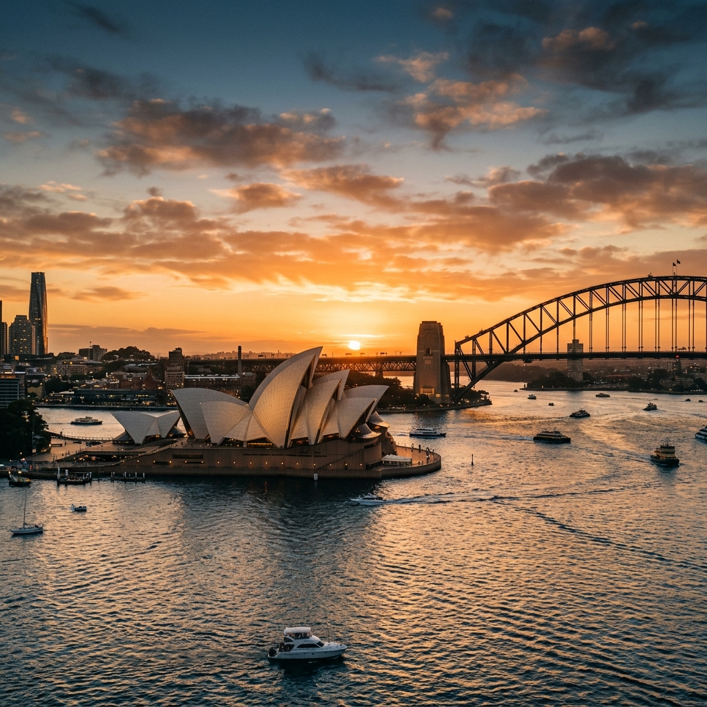 Sydney Opera House and Harbour Bridge at sunset