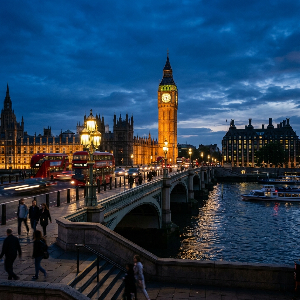 London Big Ben and Westminster Bridge at twilight